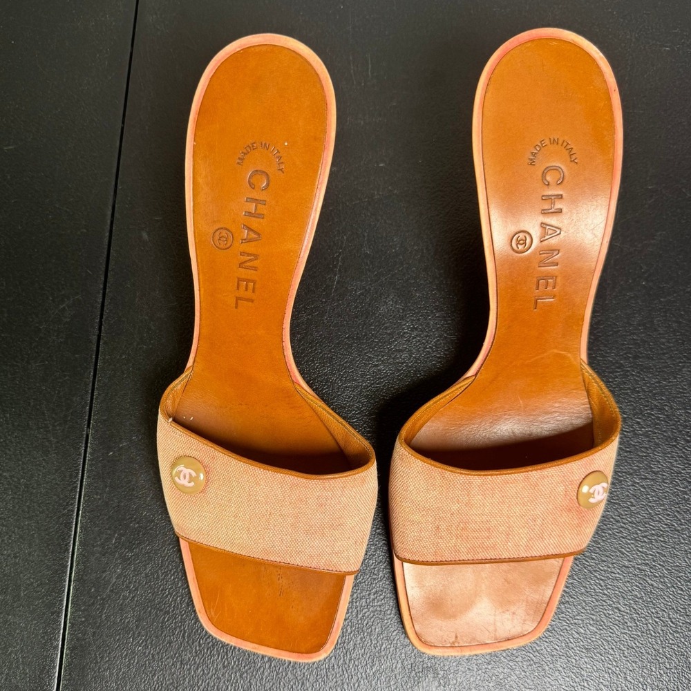 Chanel CC Logo Square Toe Mules Pink Canvas Leather Kitten Heel Sandals 38.5 - Picture 3 of 11